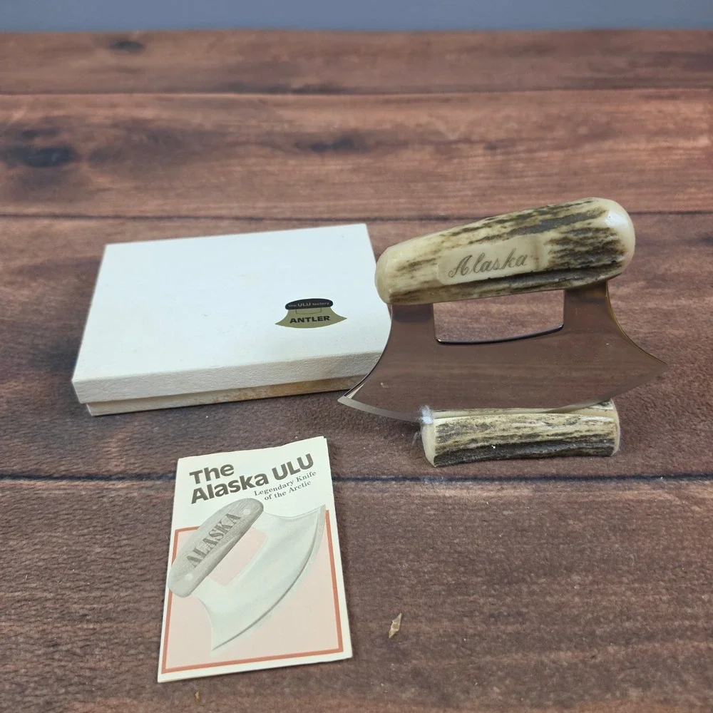 The Ulu Factory Alaska Ulu Knife Antler Handle Silver Excellent Boxed Set